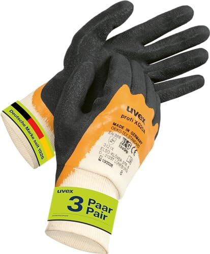 Uvex profi XG20A, 3 Paar - Grip-Handschuh für ölige & fettige Bereiche - abriebfest, flexibel & komfortabel - beige, orange, schwarz - Größe 09/L