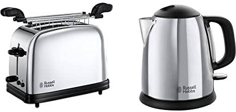 Russell Hobbs Victory Bollitore, 2400 W, 1 Liter, Acciaio Inox + Russell Hobbs Tostapane Victory, 2 Fessure, con Pinze, 1200 W, Acciaio Inossidabile, Grigio/Nero
