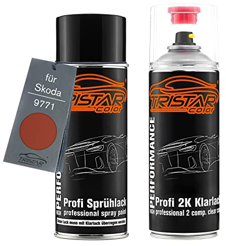 TRISTARcolor Autolack 2K Spraydosen Set für Skoda 9771 Tangerine Orange Metallic/Oranzova Tangerine Metallic Basislack 2 Komponenten Klarlack Sprühdose