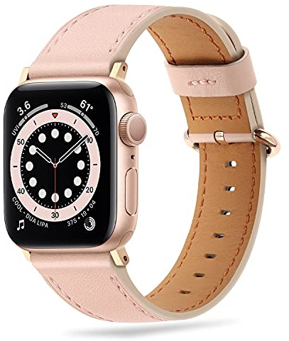 Tasikar Lederarmband Kompatibel mit Apple Watch Armband 49mm 45mm 44mm 42mm, Echte Leder Ersatzarmbänder Kompatibel mit Apple Watch Ultra SE Series 9/8/7/6/5/4/3/2/1 (Rosa + Roségold Adapter)