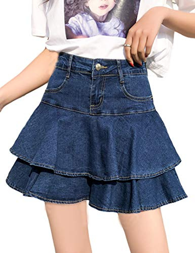 Yeokou Y2K Low Waisted Built-in Shorts Denim Skirt 2000s A-line Ruffle Pleated Mini Jean Skort for Streetwear Club (M, Style12DarkBlue)