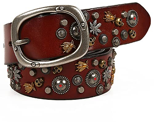 DFGGE Herren Totenkopf Nietengürtel im Punk Hip Hop Kugeln Stollen Gürtel In Einer Auswahl Von Größen Unisex Ledergürtel 105cm-125cm Länge,Kaffee,115cm/waist:38~40