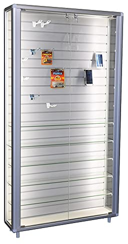 MHN Wandvitrine T 23 x B 99 x H 184,5 cm - breite Glasvitrine mit Lamellen - große abschließbare Geschäftsvitrine Wand stehend - Glas Vitrine - ohne Beleuchtung