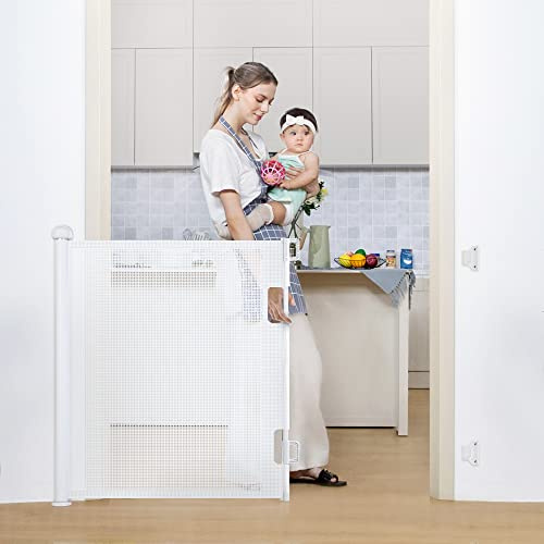 COMOMY Retractable Baby Gate for Stairs, 0-140 cm Dog Gate, 84cm Tall, Whit | Extendable Mesh Gate for House Doorways Hallways, Extra Wide Child Safety Barrier for Kids, Pets, Indoor and Outdoor