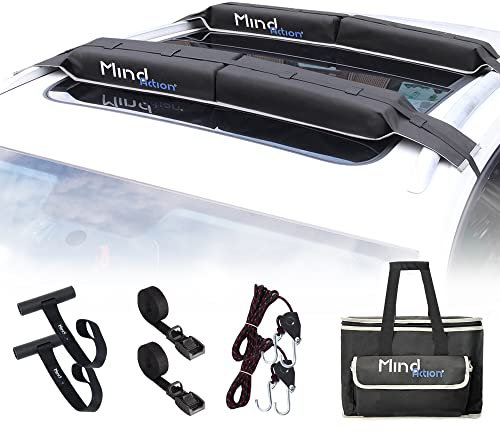 Universal Car Soft Roof Rack for Kayak/Canoe/Surfboard/SUP/Snowboard,Roof Rack Pads Include 2 16FT Tie Down Straps,2 Ratchet Pulley Ropes,2 Hood Loops and Storage Bag （Without or with Crossbar）