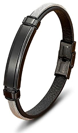 FWSHANGMAO Lederarmband,Herrenarmbänder Aus Leder Zweistufiges Design-Lederarmband Schwarzer Mode-Accessoires-Verschluss Schwarzes Lederarmband Charm-Schmuck Für Damen Herren Geschenk 23 cm