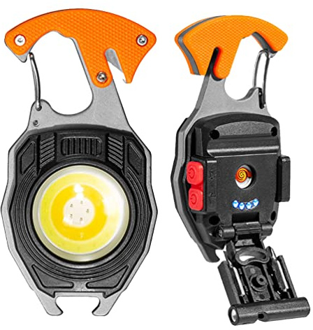 BY-J COB Keychain Work Light Keychain Flashlights, 7 Lighting Modes, 1600 Lumens, COB Rechargeable Multi-Function Work Light with Electric Lighter, Seat Belt Cutter, Screwdriver, Whistle