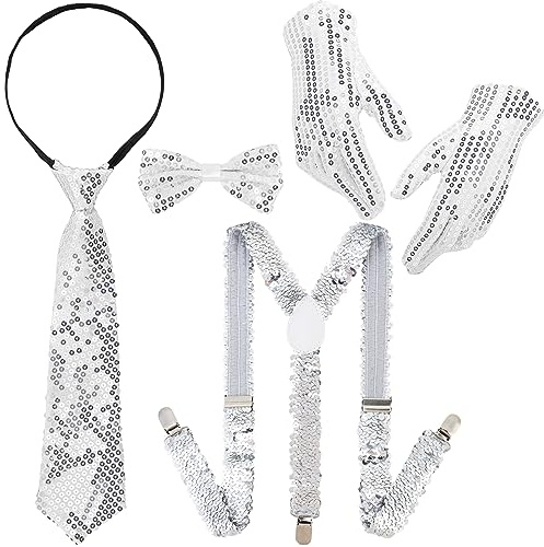 DPKOW 5 teiliges Shinny Pailletten Kostüm Hosenträger Fliege Krawattenhandschuh Glitzer Silberne für Jazz Hip-Hop Tanz Karneval Kostümzubehör Performance Dance für Männer Frauen Kinder, Verstellbare
