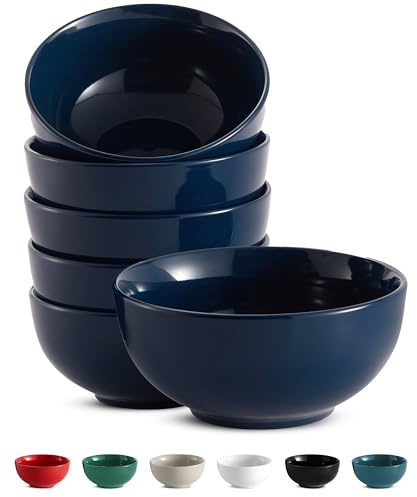 KooK Ceramic Cereal Bowls, Microwave, Dishwasher and Freezer Safe, Porcelain Dishes for Soup, Pasta, Salad, Oatmeal, Deep Interior, 20 oz, Set of 6 (Navy)