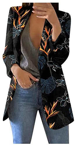 Veste Femme Chic et Élégant Fleurie Cintré sans Bouton Costume Pas Cher Marque Bureau Affaires Blazers Automne Slim Fit Formal Blazer De Travail Blouson Jacket Femme Noir L