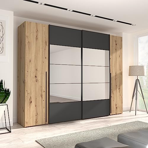 Forte RAYONG Schrank 270, Kleiderschrank mit Spiegel, Dreh-/Schwebetürenschrank, moderner Industrial Stil, Artisan Eiche Holzdekor / Schwarz, 270,3 cm breit x 210 cm hoch x 61,2 cm tief