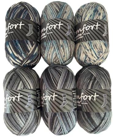 Sockenwolle Strumpfwolle Comfort Color 6-fädig, 6x150gr Set | Sockengarn Made in Italy - 900gr Set- 375m per 150gr Knaul- 6fach, für besonders warme Socken