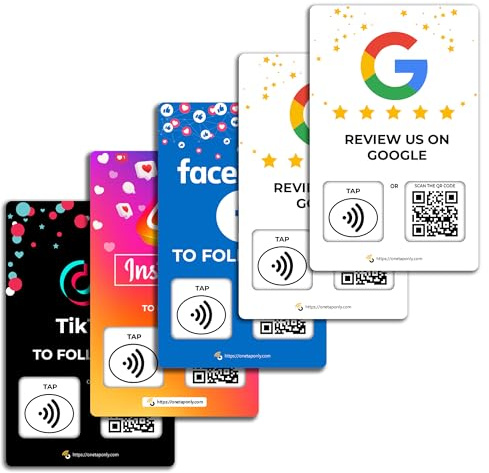 One Tap Only Google Review Tap-Karten + Folgen Sie uns auf Instagram, Facebook und TikTok Tap-Karten (5er-Pack) – Tippen Sie für sofortige Bewertungen und Follower – alle Telefone kompatibel –