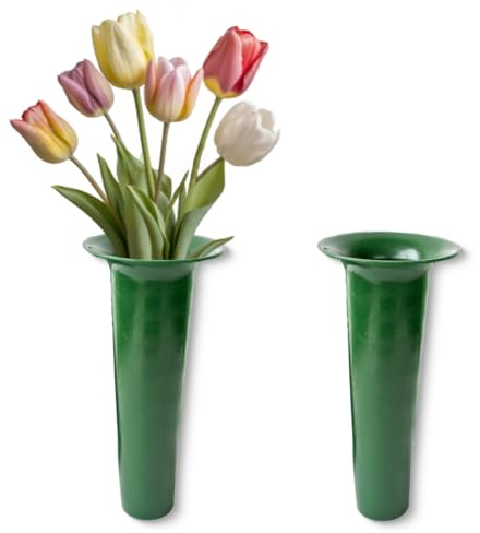 Grabvasen Kunststoff Einsätze mit Rand als frostsichere Grabdeko - 2er Runde Bodenvasen-Einsätze in Grün für Friedhofs-Vase Blumenvasen als Grabschmuck - 25 x 11 cm konisch zum Stecken Stellen