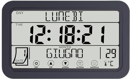 Fuloon Orologio Digitale Calendario Wireless, Grandi Cifre Orologio da Parete con Sveglia e Termometro per Anziani, Orologio Touch Screen Multilingue