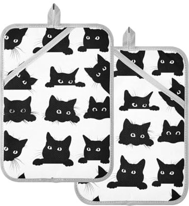 Presina da cucina resistente al calore con tasche presine da cucina con tappetino caldo da forno guanti da forno 2 pezzi gatto cartone animato carino nero