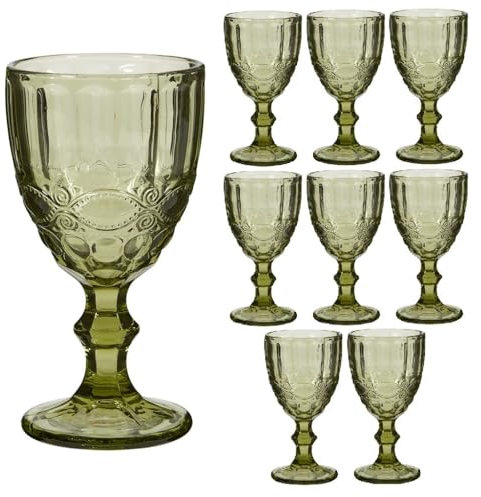 Dibor Wine Glasses Set of 8 Embossed Vintage Style Baroque Wine Goblet Glassware Set Dishwasher Safe Wine Glass Set Colourful Footed Chalice Tumblers (Green)