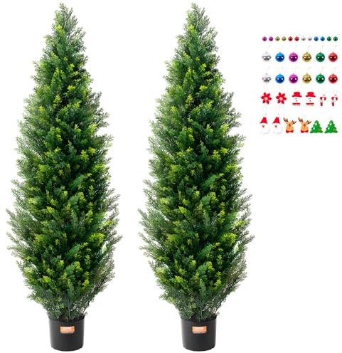 VEVOR Artificial Cedar Topiary Tree, 60 inch Tall (2 Pieces), with Extra Leaves & Pot Faux Evergreen Fake Pine Cypress Trees Plant, UV Rated Artificial Greenery Set for Home Decor Indoor/Outdoor