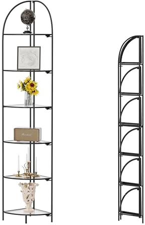 Crofy Foldable 6 Tier Corner Shelf, Metal Corner Plant Stand with Black Frame and Transparent Shelves, Corner Display Rack Multipurpose Shelving Unit for Living Room, Bedroom, Bathroom