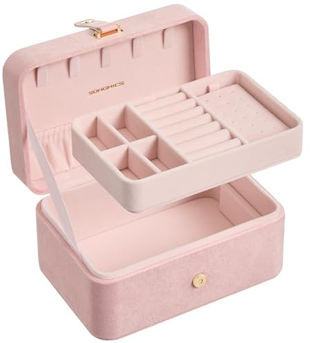 SONGMICS Jewellery Box, 2-Layer Jewellery Storage, 11.6 x 16 x 7.5 cm Travel Jewellery Box, Portable Jewellery Case, Small, Spacious, for Larger Accessories, Gift Idea, Jelly Pink JBC166R02