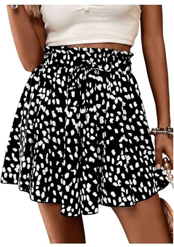 GORGLITTER Damen Shorts Breites Bein Hosenrock Locker Sommershorts Geblümt Sommer Skort Kurze Hose Shortrock mit Muster Schwarz L