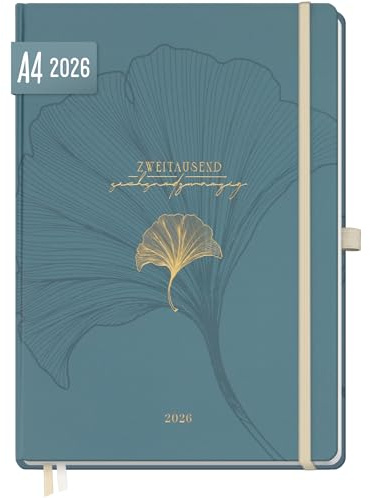 Häfft® Wochen-Notiz-Kalender 2026 A4 Blue Ginkgo Buchkalender, Planer Notiz-Timer, Terminplaner, Wochenkalender, Organizer, Terminkalender mit Einstecktasche - nachhaltig & klimafreundlich