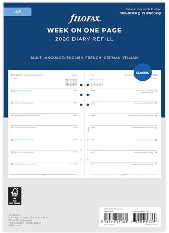 Filofax Kalender A5 1 Woche auf einer Seite (mehrsprachig)2026