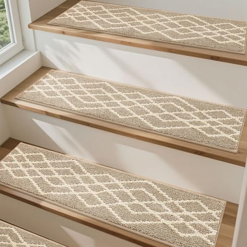 COSY HOMEER Tapis Escalier Antidérapant Lot de 15, 70 x 22 cm – Moquette Escalier Rutschfeste, Lavable en Machine, 100% Polyester, Dos TPE, Losanges Beige