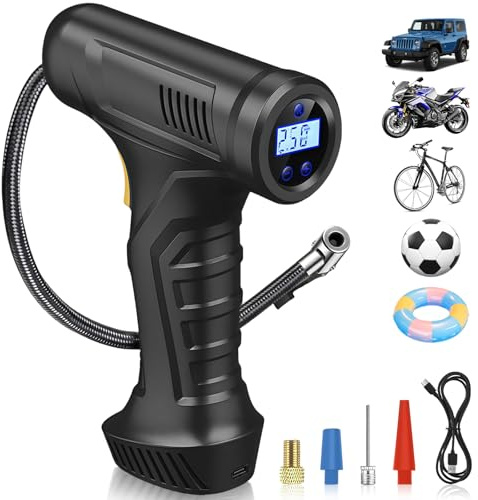 Flinctronic Elektrisk cykelpump, elektrisk luftpump cykel batterikompressor, mini bärbar luftkompressor, däckpump för bil motorcykel bollar, USB-powerbank (150 PSI/10,3 bar, LED, autostopp)