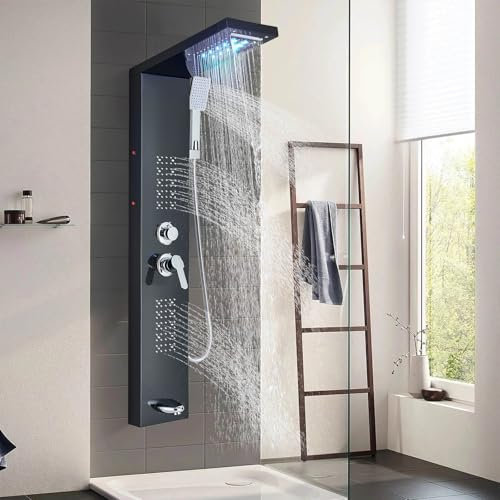 Hevenaov Columna Ducha LED Negro Sistema de panel de ducha con 5 Modos con Ducha de Lluvia, Columna Ducha Hidromasaje Panel de Ducha de Acero InoxidableAbs Duchade Mano