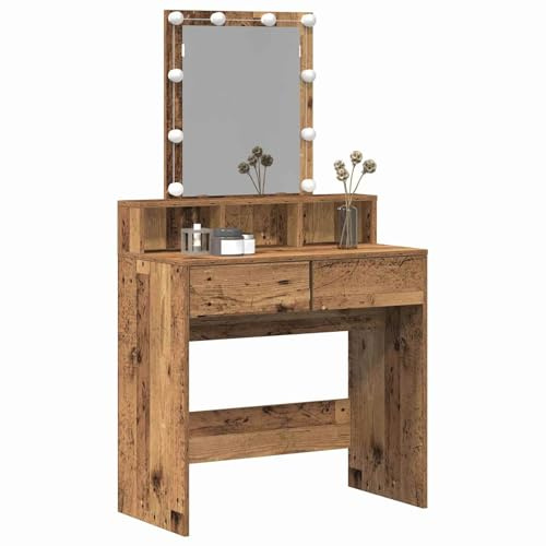 vidaXL Schminktisch mit Regal Altholz 80 x 41 x 144,5 cm Holzwerkstoff, Moderne Schminkkommode, rechteckiger Tisch, platzsparender Stauraum, integrierte Lichter, funktional