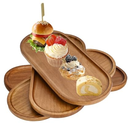 YKUKIZEE 4 Pack Oval Wooden Boards for Serving Food 29x11cm, Acacia Wood Serving Platter with Raised Edge, Wooden Serving Plate for Charcuterie Appetizer Cheese Breakfast Coffee Tea Sushi Fruit