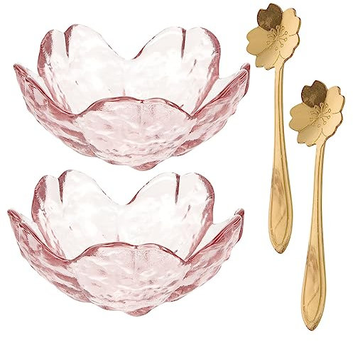 Beavorty Glass Facial Bowls Set Sakura Flower Design, 2 Small Essential Oil Mixing Bowls and 2 Metal Spoons for Salon Spa, Mixing and Massage Oil Application