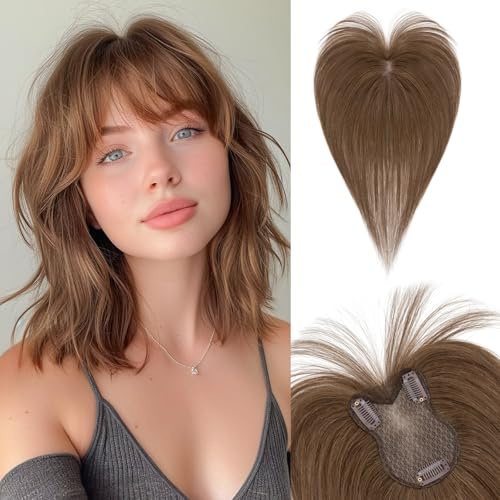 SEGOHAIR Echthaar Hair Topper für Frauen- 21g Handgebunden Basis Haar Topper Spitze Basis, Pony Haarteil aus 100% Echtes Haar Clip in Topper, Atmungsaktives Tüllnetz Mittelbraun
