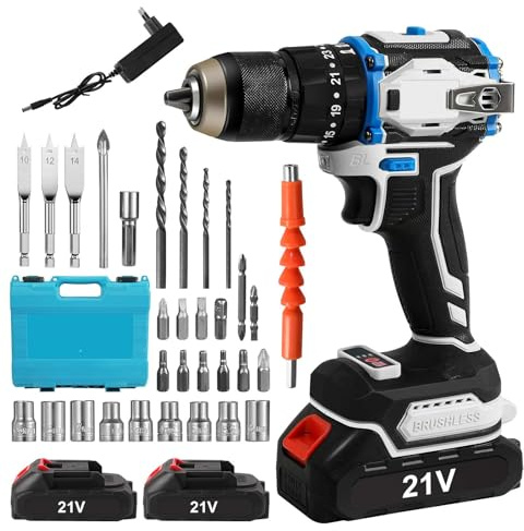 Taladro atornillador inalámbrico de 21 V, velocidad ajustable, con lámpara, 25+1 niveles de par ajustable, taladro de percusión 3 en 1 con destornillador de batería de litio, adecuado para proyectos
