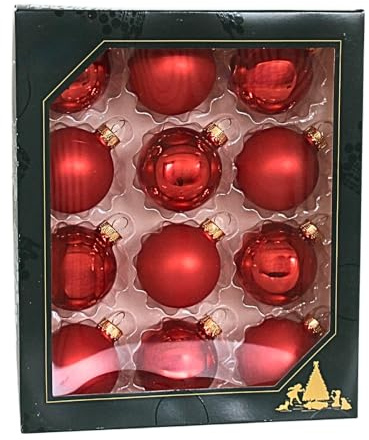 Lauschaer Christbaumschmuck - 12er Set Kugeln, Weihnachtsbaumkugeln Lauscha, Tannenbaumkugeln, Christbaumkugeln,Glas Kugeln aus Lauscha, rot - Glanz/Satin, mit goldenen Krönchen, 5cm.