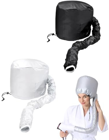 FUGLUS 2 pezzi Cuffia Asciugacapelli, Casco per Asciugatura con Elastico per Attacco Phon, Casco per Capelli da Casa per Phon per La Profondo Cura Dei Capelli(nero + argento)