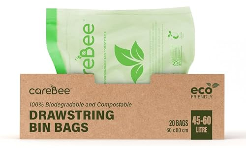 CareBee Drawstring Bin Bags –Heavy Duty Rubbish Bags with Easy-Tie Handles –Leakproof, Tear-Resistant & Odour-Control –Ideal for Home, Kitchen, Office & Outdoor Use (45-60L, 20 Pack)