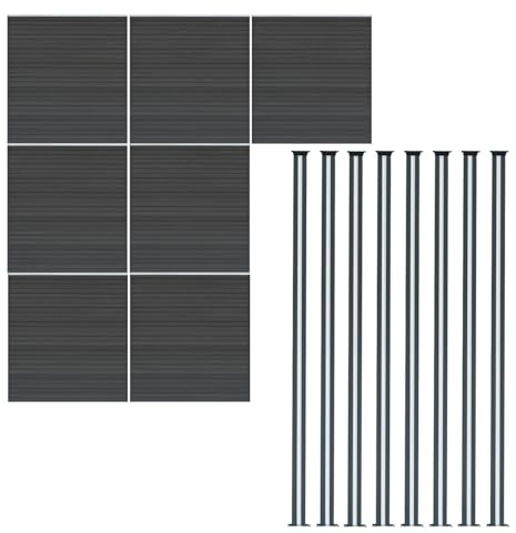 WPC Sichtschutzzaun x7 & Aluminium Zaunpfosten x8, 1,85m Steckzaun Grau Doppelseitig Holzmaserung Lattenzaun Kunststoff Garten Einfahrt Sichtschutz 185cm x 12,18m Solarbetriebene LED-Beleuchtung