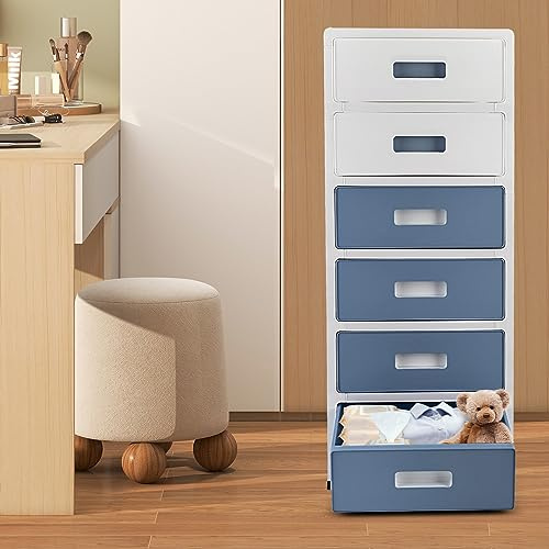 Schubladenschrank Kunststoff, 6-Schubladen Plastik Rollwagen Stapelbaren Schublade Organizer Rollcontainer mit Rollen & Schubladen, Kunststoff Aufbewahrungsturm Wagen für Schlafzimmer, Wohnzimmer