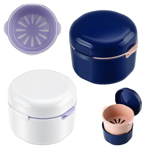 Wozzies Boite Appareil Dentaire, 2 Pièces Boite Gouttiere Dentaire avec Double Compartiment Égouttage avec Couvercle étanche, Boîte a Dentier Adulte pour Trempage Nettoyage Stockage (Bleu+Blanc)