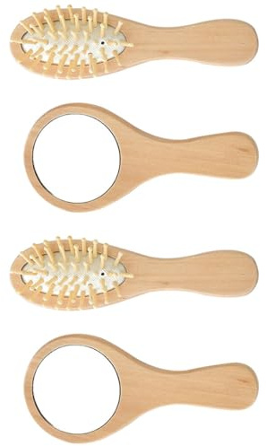 Outanaya Set 2 Pezzi Specchio da Viaggio Portatile Spazzola per Chioma in Legno, Design Compatto e Pratico per Make-up e Cura Personale