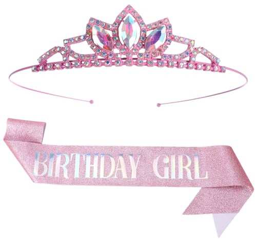 Ouligay Pink Birthday Sash and Crown for Girls Crystal Rhinestone Birthday Tiara Glitter Princess Headband Accessories Decorations Set for Gift