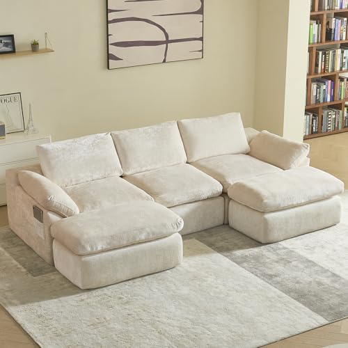 Vamcheer Modular Sofa U Form, Boneless Couch Schlaffunktion, Beige 269 cm | Vollschaum Boneless Cloud Couch, Vakuumverpackt, 3 Sitzer Wohnzimmer XXL Big Sofa, Moderne Ecksofa mit Schlaffunktion