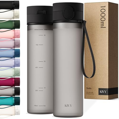 KIVY Tritan Botella de Agua 1L [IRROMPIBLE] - Water Bottle Sin BPA para Gimnasio, Gym & Deporte - Garrafa Reutilizable de Plástico Apto Lavavajillas - Cantimplora Deportiva, Oficina y Escuela - Negro | Inastillable, se adapta a mochila y portavasos para viajes, deportes, escuela, botella de agua alta para gimnasio con medidas