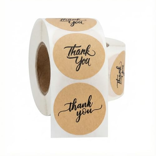 500pcs Thank You Stickers Roll – 1.5 Round Kraft Paper Labels with Black Script – Self-Adhesive Stickers for Small Business Packaging, Paper Bags, Gift Boxes Envelopes