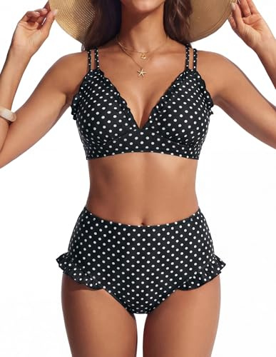 Hanna Nikole Bikiniset för kvinnor, söta volanger, sexig V-ringning, push-up-effekt, hög midja underdel, dubbla axelband