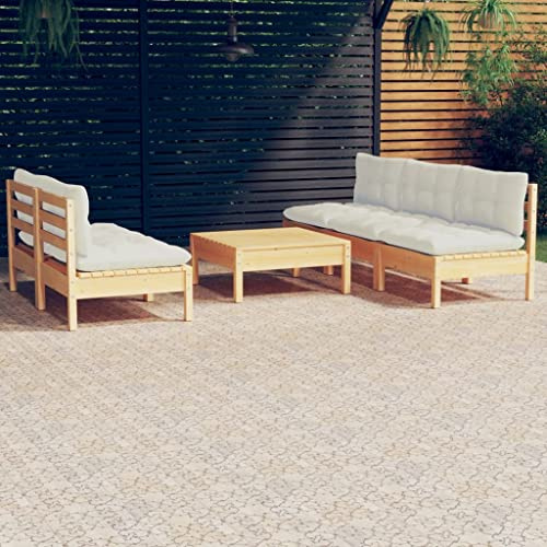 Mokuyary 6-TLG. Trädgårdsloungeset med krämkuddar i furu, trädgårdsmöbelset, utomhus balkongset, terrassmöbler, trädgårdslounge sittgrupp för terrass, balkong, trädgård – A