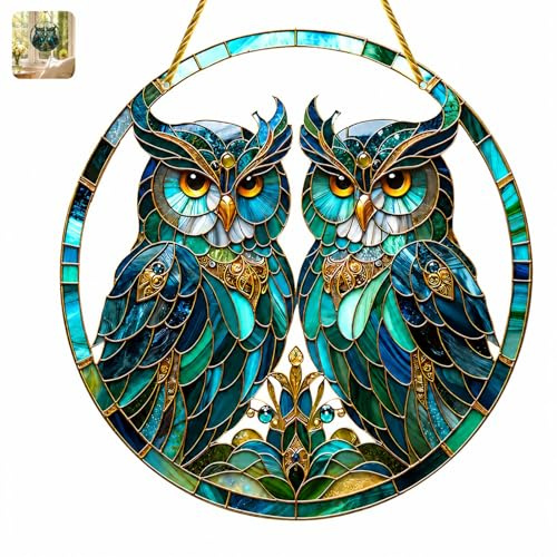 Owl Hanging Ornament, Circular Stained-Glass-Style Design, Teal, 2 Owls | Attached Cord, Blue-Green Palette With White, Amber, Black And Gold-Toned Details, For Windows, Walls, Patios And Gardens
