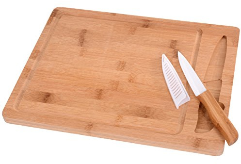 GRÄWE Bambu skärbräda set med keramisk kniv, 2 delar, köksbräda av bambu med juicespår